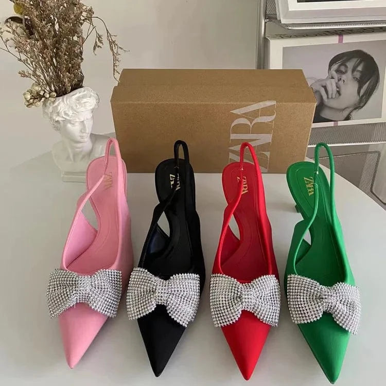 Women's Luxury Newest High Heels Shiny Rhinestone Decoration Bowknot Slip-On Elegant Style Office Lady Thin Heels Shoes Hot