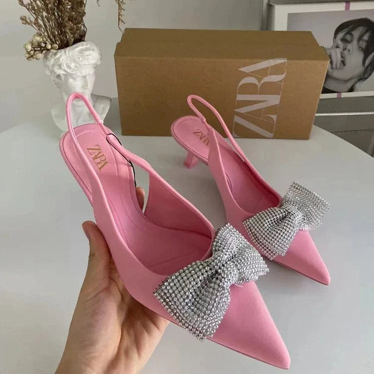 Women's Luxury Newest High Heels Shiny Rhinestone Decoration Bowknot Slip-On Elegant Style Office Lady Thin Heels Shoes Hot