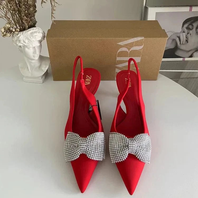 Women's Luxury Newest High Heels Shiny Rhinestone Decoration Bowknot Slip-On Elegant Style Office Lady Thin Heels Shoes Hot