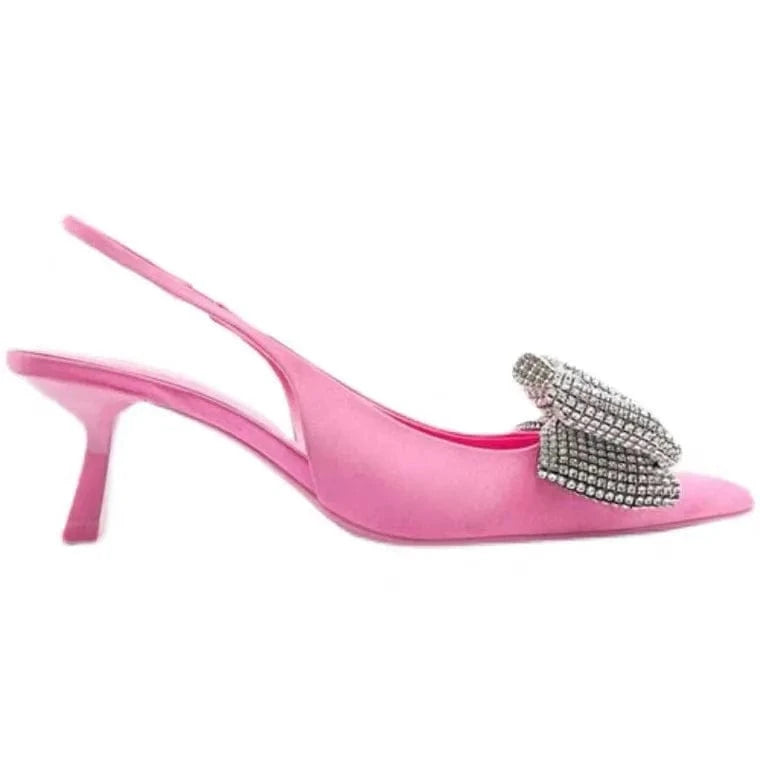 Women's Luxury Newest High Heels Shiny Rhinestone Decoration Bowknot Slip-On Elegant Style Office Lady Thin Heels Shoes Hot
