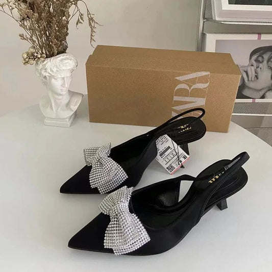 Women's Luxury Newest High Heels Shiny Rhinestone Decoration Bowknot Slip-On Elegant Style Office Lady Thin Heels Shoes Hot