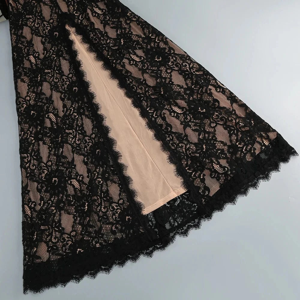 Women's Maxi Lace Cut Out Long Dress Sexy Backless High Split Long-Sleeves Deep V-Neck Celebrity Slim Party Wedding Morning Gown