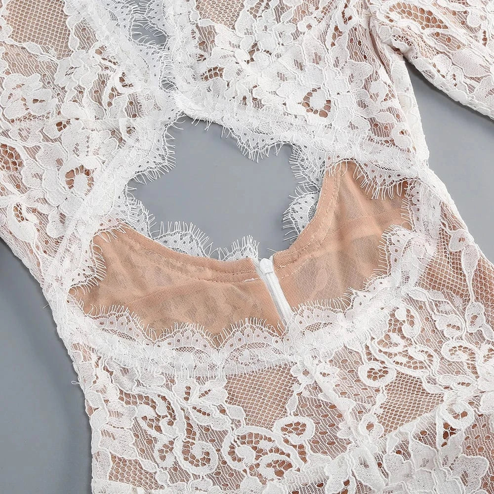 Women's Maxi Lace Cut Out Long Dress Sexy Backless High Split Long-Sleeves Deep V-Neck Celebrity Slim Party Wedding Morning Gown