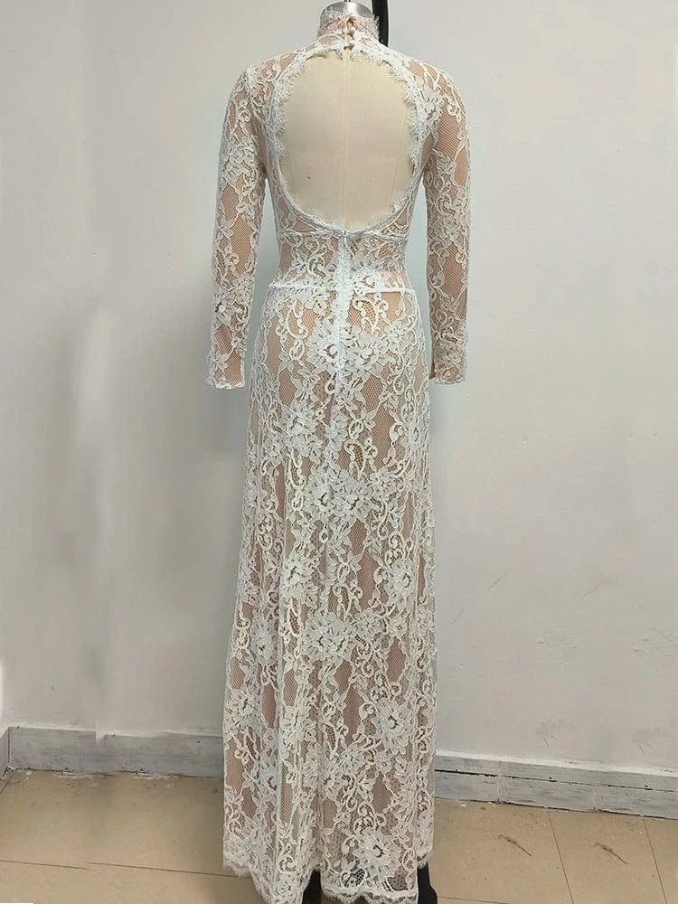 Women's Maxi Lace Cut Out Long Dress Sexy Backless High Split Long-Sleeves Deep V-Neck Celebrity Slim Party Wedding Morning Gown