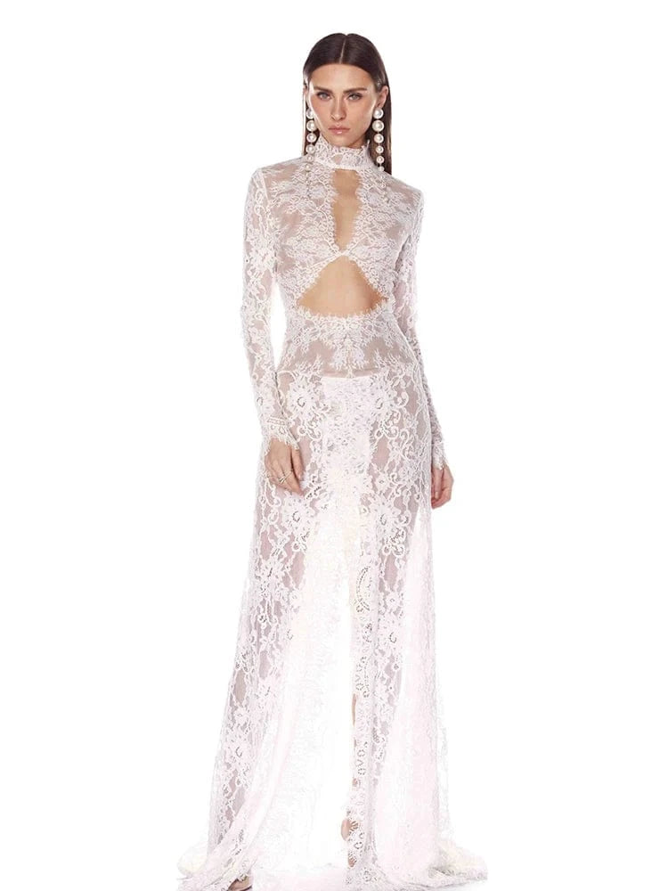 Women's Maxi Lace Cut Out Long Dress Sexy Backless High Split Long-Sleeves Deep V-Neck Celebrity Slim Party Wedding Morning Gown