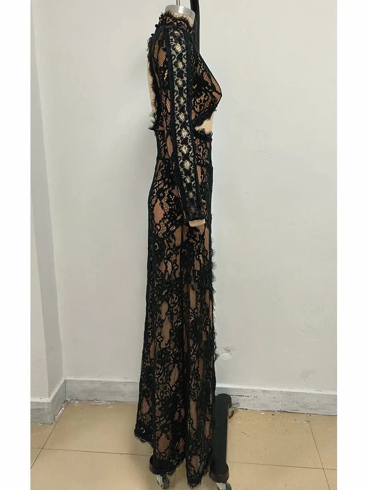 Women's Maxi Lace Cut Out Long Dress Sexy Backless High Split Long-Sleeves Deep V-Neck Celebrity Slim Party Wedding Morning Gown