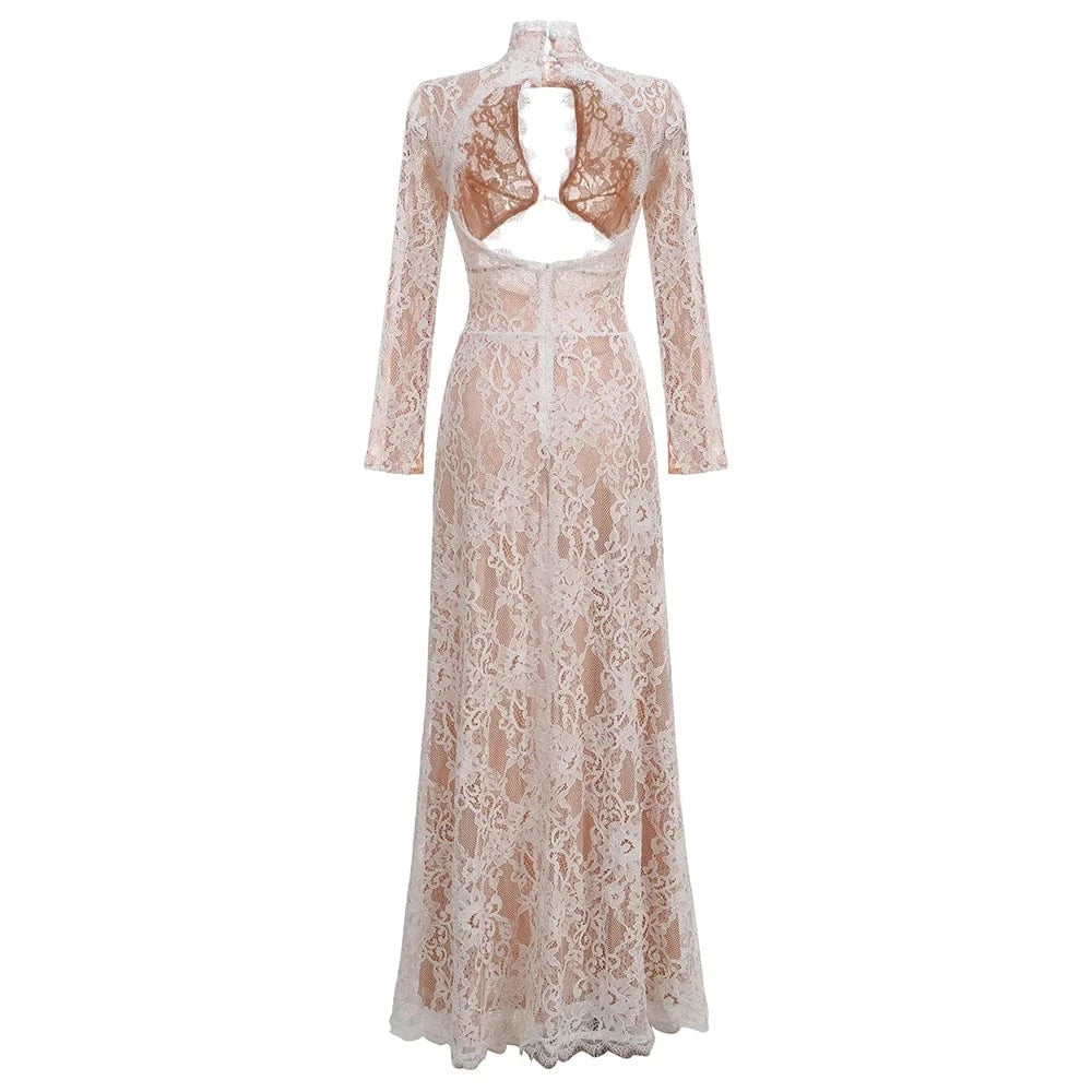 Women's Maxi Lace Cut Out Long Dress Sexy Backless High Split Long-Sleeves Deep V-Neck Celebrity Slim Party Wedding Morning Gown