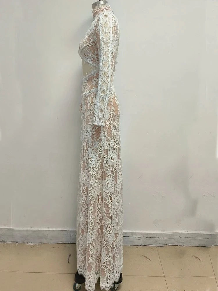 Women's Maxi Lace Cut Out Long Dress Sexy Backless High Split Long-Sleeves Deep V-Neck Celebrity Slim Party Wedding Morning Gown