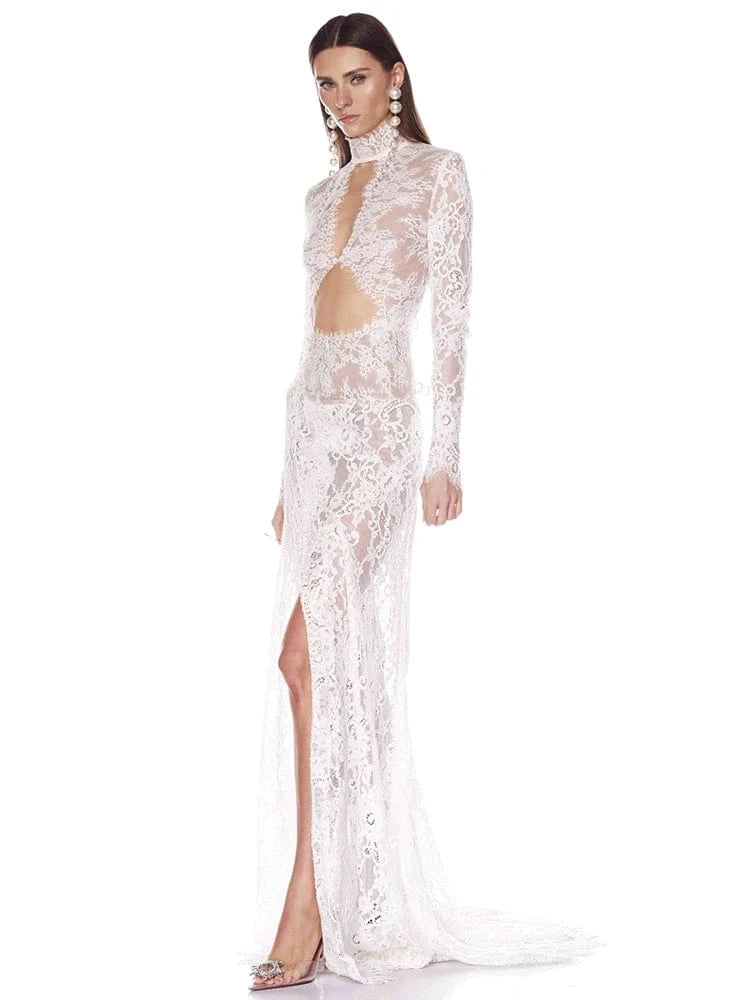 Women's Maxi Lace Cut Out Long Dress Sexy Backless High Split Long-Sleeves Deep V-Neck Celebrity Slim Party Wedding Morning Gown