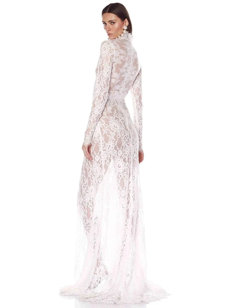 Women's Maxi Lace Cut Out Long Dress Sexy Backless High Split Long-Sleeves Deep V-Neck Celebrity Slim Party Wedding Morning Gown