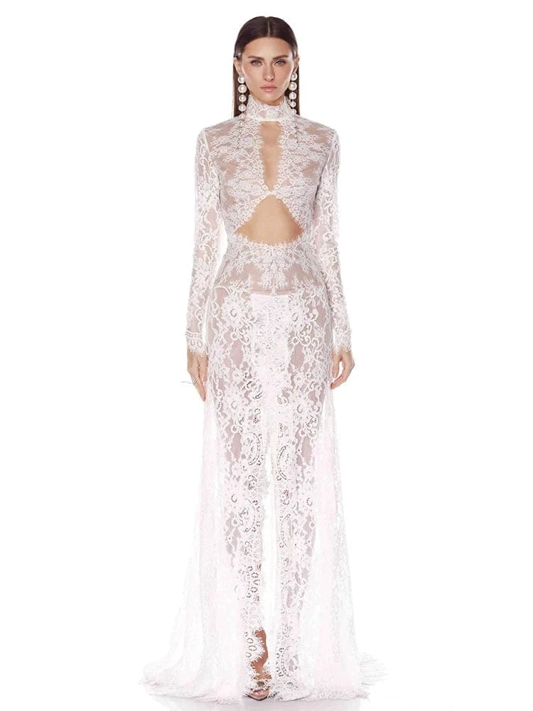 Women's Maxi Lace Cut Out Long Dress Sexy Backless High Split Long-Sleeves Deep V-Neck Celebrity Slim Party Wedding Morning Gown
