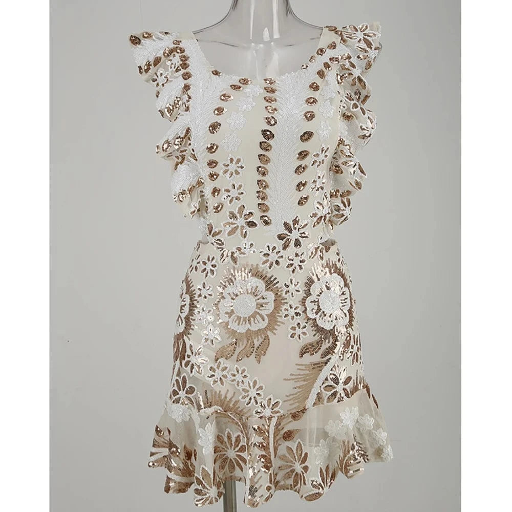 Women's New Round Neck Sleeveless Ruffle Sexy Halter Hollow Out Mini Dress Niche Sequins Beaded Luxury Evening Party Dress