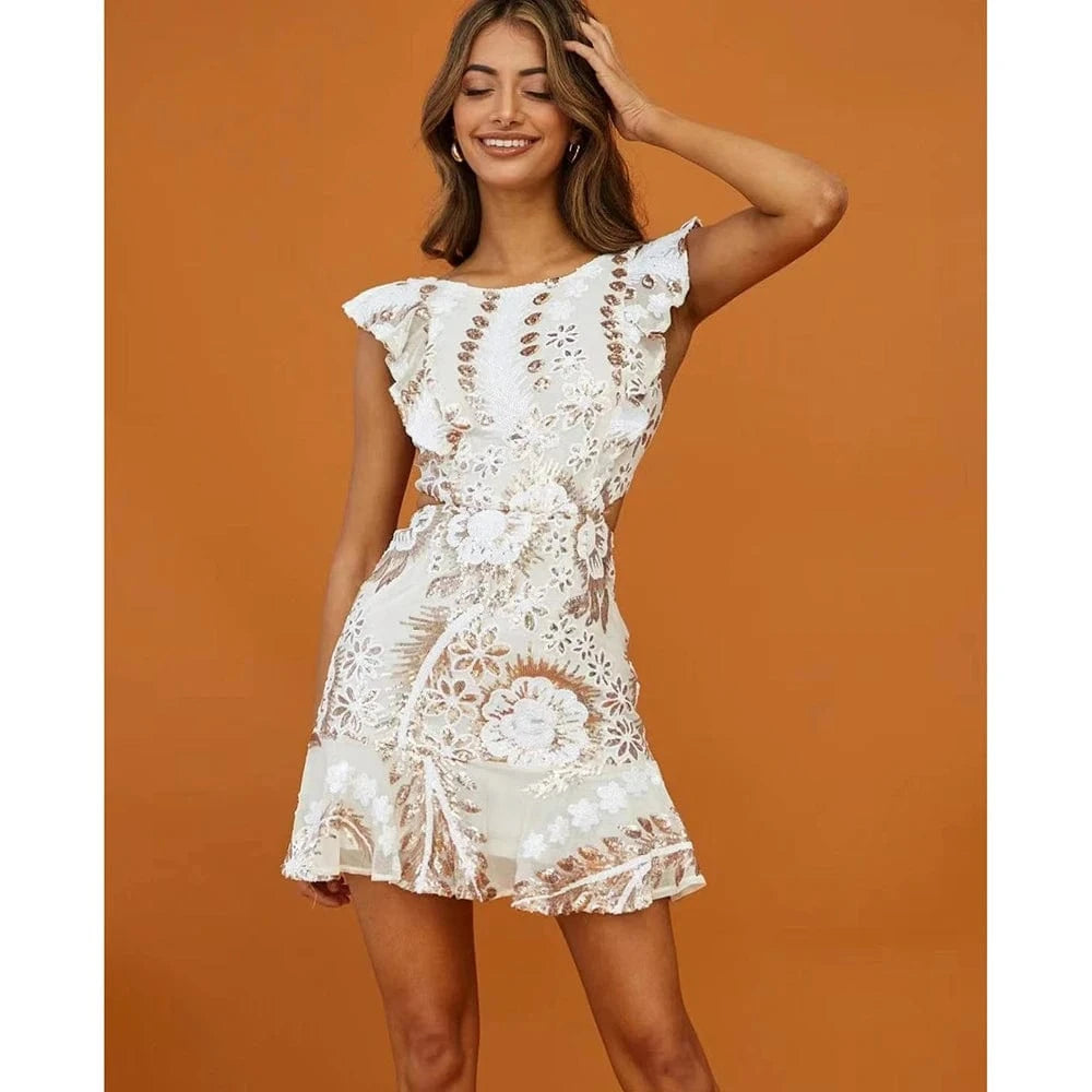 Women's New Round Neck Sleeveless Ruffle Sexy Halter Hollow Out Mini Dress Niche Sequins Beaded Luxury Evening Party Dress