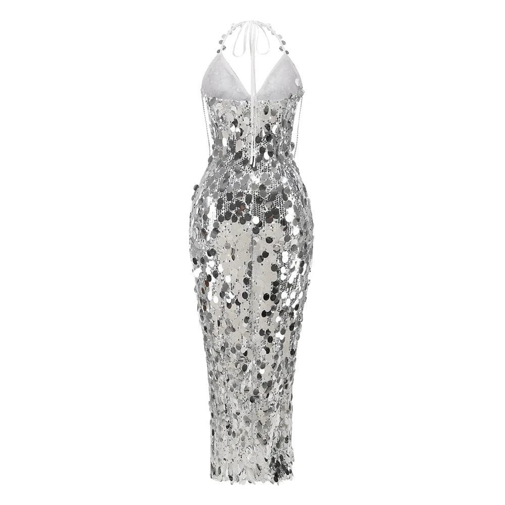 Women's New Sexy V-Neck Sequin Fringe Halter and Calf Length Dress Slit High Texture Design Luxurious Temperament Evening Dress