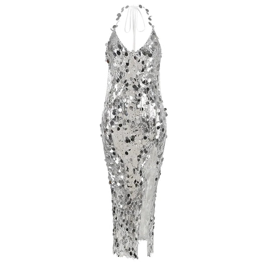 Women's New Sexy V-Neck Sequin Fringe Halter and Calf Length Dress Slit High Texture Design Luxurious Temperament Evening Dress