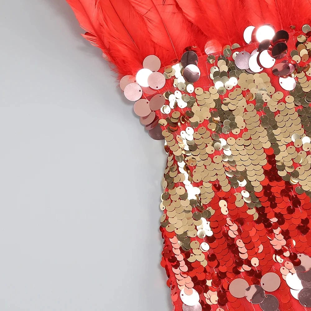 Women's New Stylish Sleeveless Slim Sequin Feather Patchwork Wrap Calf Length Dress Luxurious Evening Party Dress