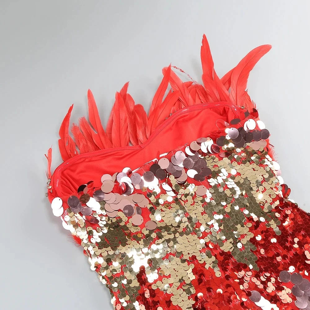 Women's New Stylish Sleeveless Slim Sequin Feather Patchwork Wrap Calf Length Dress Luxurious Evening Party Dress