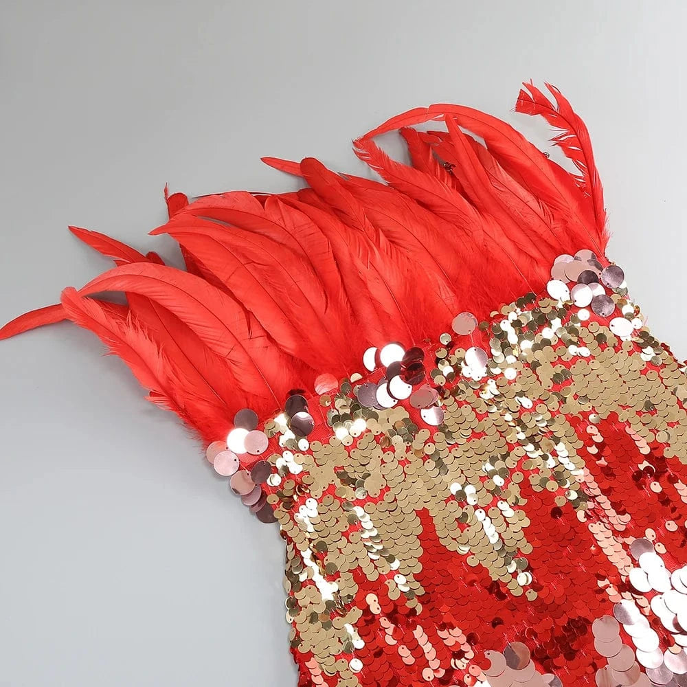 Women's New Stylish Sleeveless Slim Sequin Feather Patchwork Wrap Calf Length Dress Luxurious Evening Party Dress