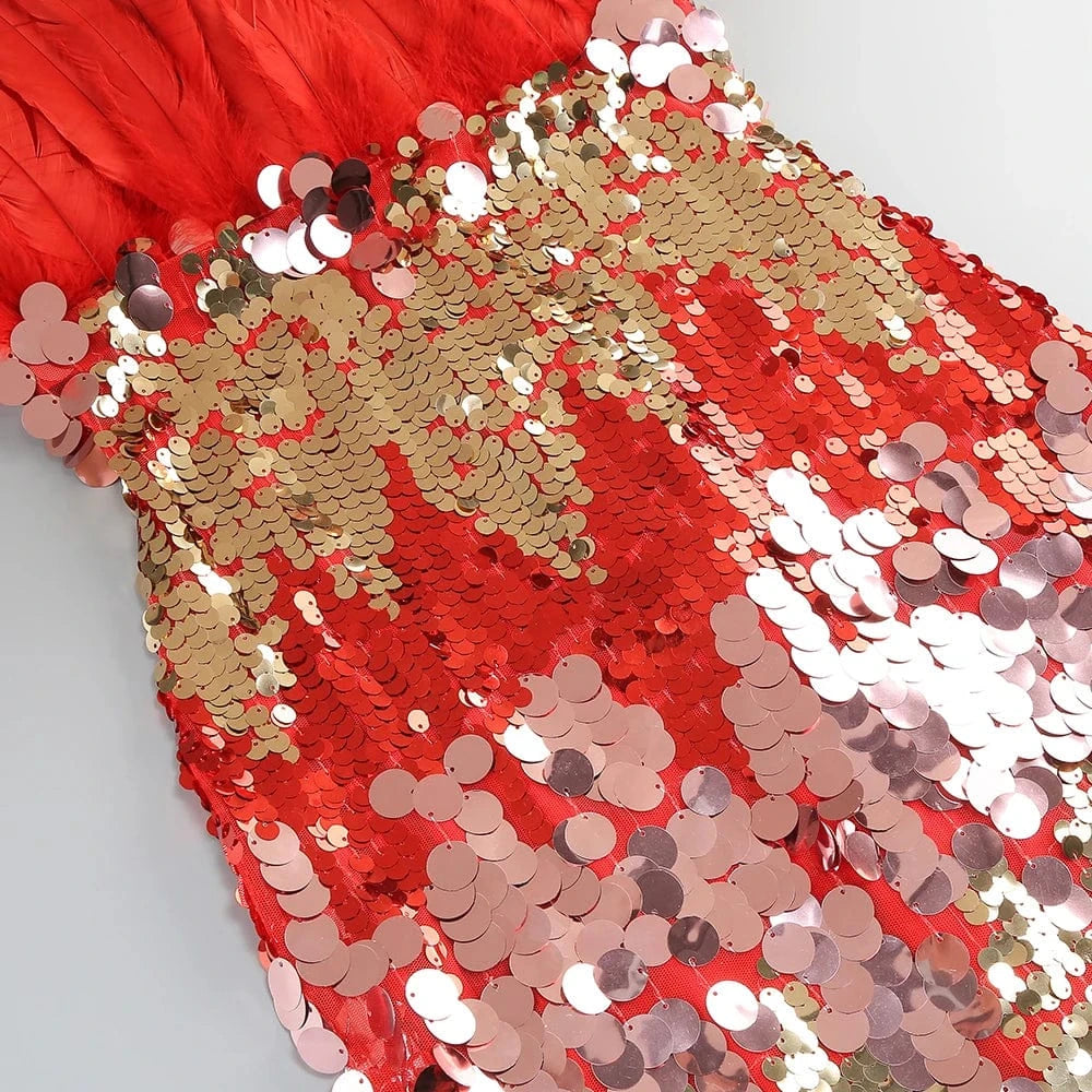 Women's New Stylish Sleeveless Slim Sequin Feather Patchwork Wrap Calf Length Dress Luxurious Evening Party Dress