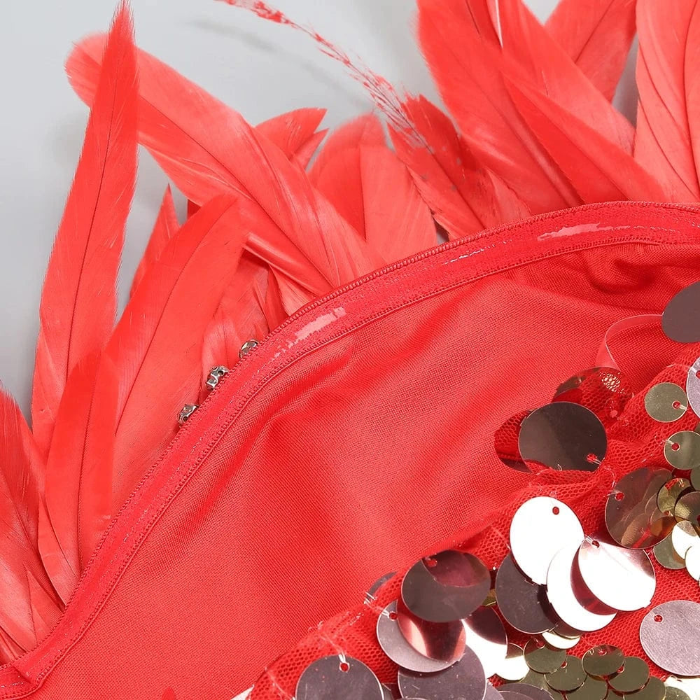 Women's New Stylish Sleeveless Slim Sequin Feather Patchwork Wrap Calf Length Dress Luxurious Evening Party Dress