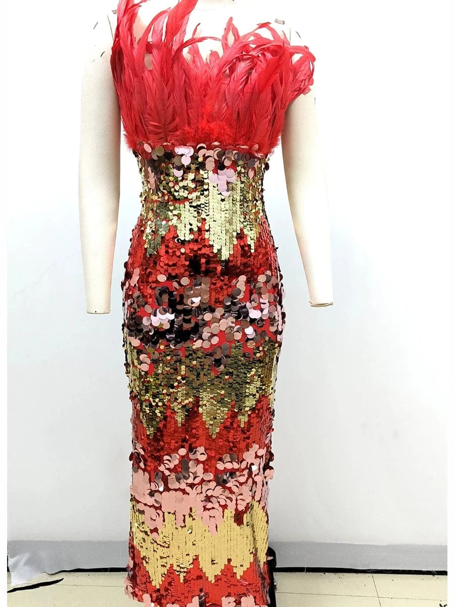 Women's New Stylish Sleeveless Slim Sequin Feather Patchwork Wrap Calf Length Dress Luxurious Evening Party Dress