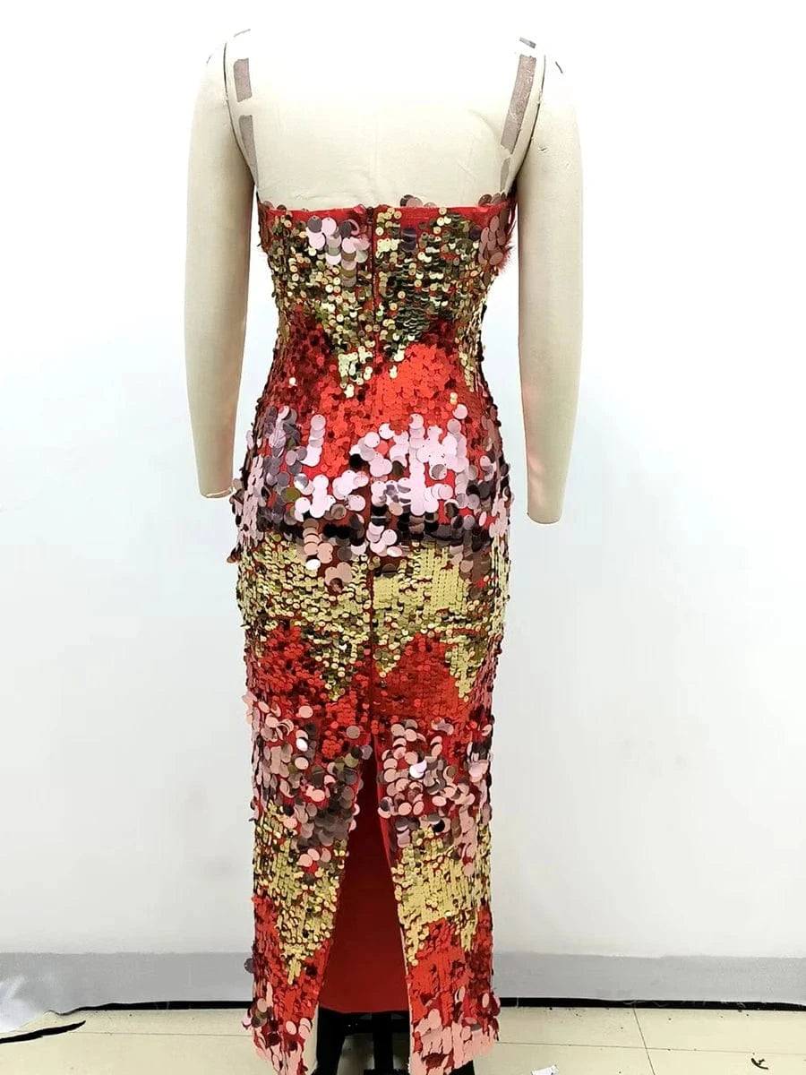 Women's New Stylish Sleeveless Slim Sequin Feather Patchwork Wrap Calf Length Dress Luxurious Evening Party Dress