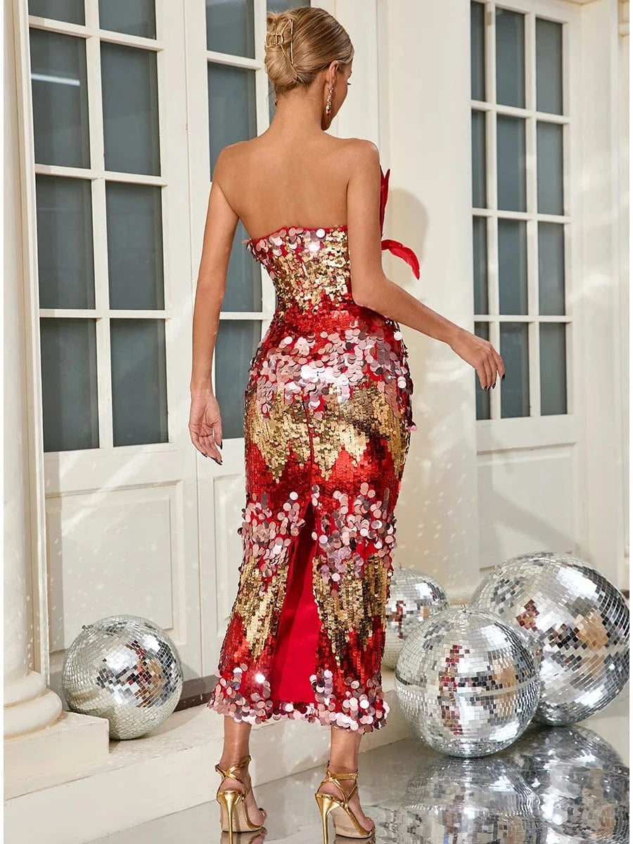 Women's New Stylish Sleeveless Slim Sequin Feather Patchwork Wrap Calf Length Dress Luxurious Evening Party Dress