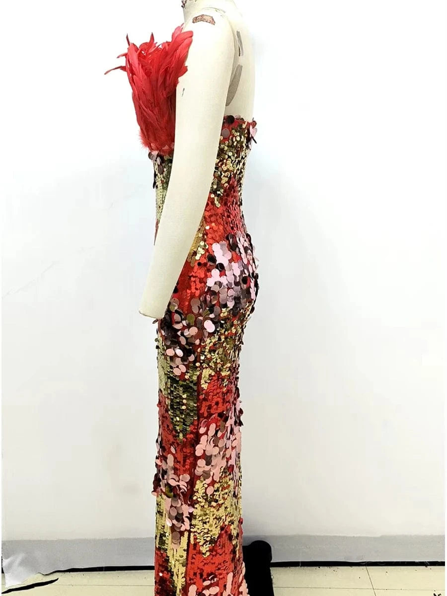 Women's New Stylish Sleeveless Slim Sequin Feather Patchwork Wrap Calf Length Dress Luxurious Evening Party Dress