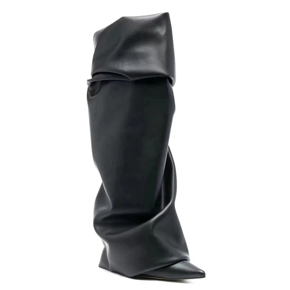 Women's Pleated Upper High Thin Heels Pointed Toe Overlay Shoes Dress Stiletto Pants Boots Matte Leather Knee High Booties