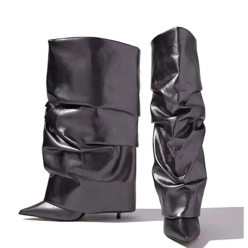 Women's Pleated Upper High Thin Heels Pointed Toe Overlay Shoes Dress Stiletto Pants Boots Matte Leather Knee High Booties