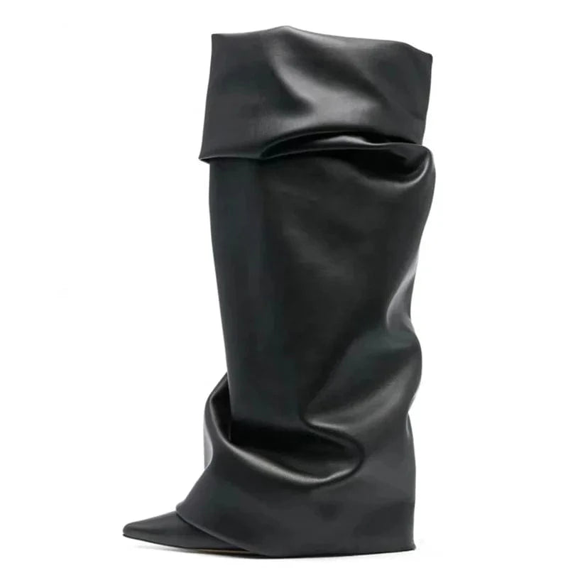 Women's Pleated Upper High Thin Heels Pointed Toe Overlay Shoes Dress Stiletto Pants Boots Matte Leather Knee High Booties