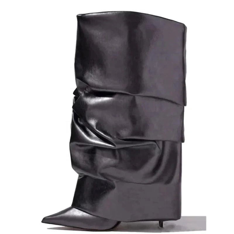 Women's Pleated Upper High Thin Heels Pointed Toe Overlay Shoes Dress Stiletto Pants Boots Matte Leather Knee High Booties
