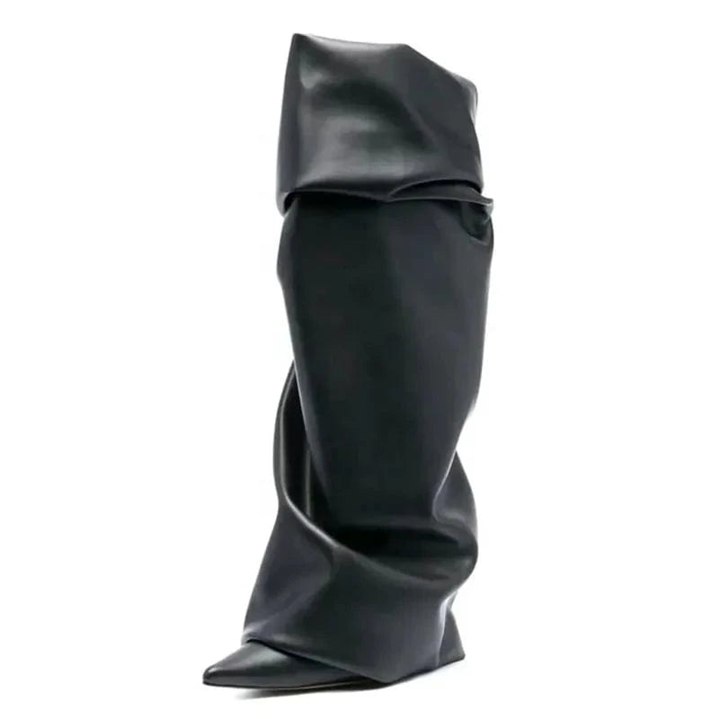 Women's Pleated Upper High Thin Heels Pointed Toe Overlay Shoes Dress Stiletto Pants Boots Matte Leather Knee High Booties
