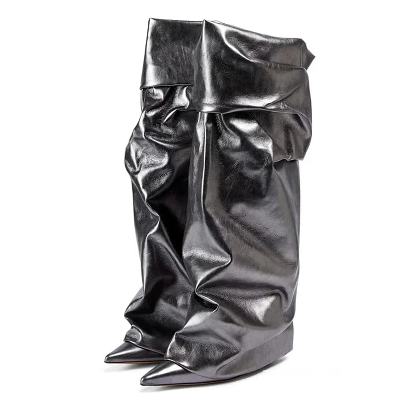 Women's Pleated Upper High Thin Heels Pointed Toe Overlay Shoes Dress Stiletto Pants Boots Matte Leather Knee High Booties
