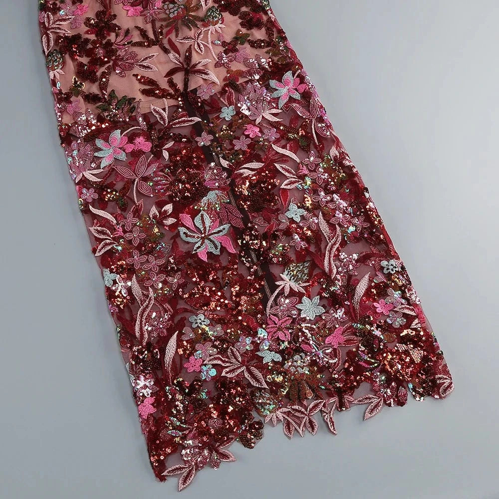 Women's Print One-Line Shoulder Sleeveless Slim Sexy Ankle-Length Dress Lace Embroidery Flowers Colorful Sequins Elegant Dress