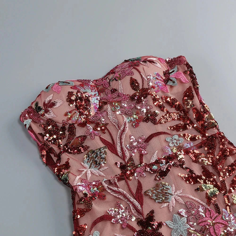 Women's Print One-Line Shoulder Sleeveless Slim Sexy Ankle-Length Dress Lace Embroidery Flowers Colorful Sequins Elegant Dress