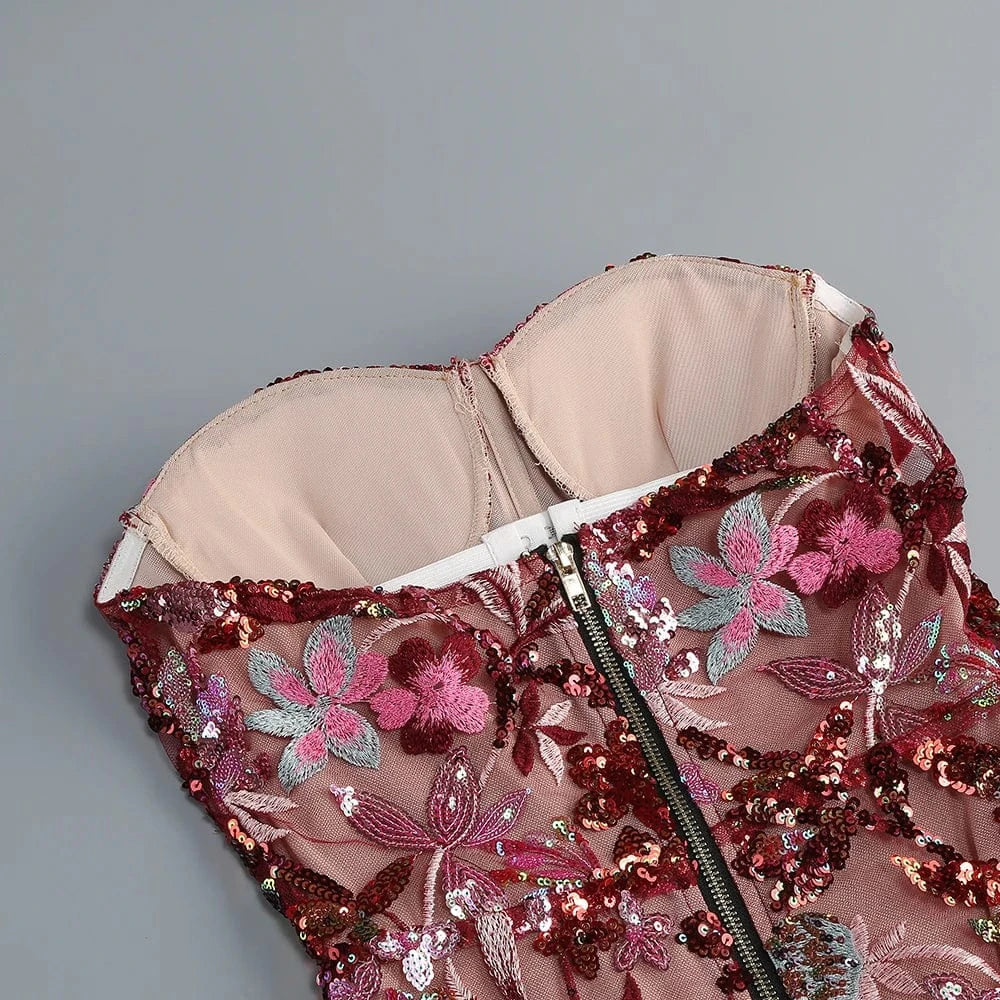 Women's Print One-Line Shoulder Sleeveless Slim Sexy Ankle-Length Dress Lace Embroidery Flowers Colorful Sequins Elegant Dress