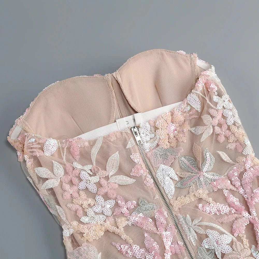 Women's Print One-Line Shoulder Sleeveless Slim Sexy Ankle-Length Dress Lace Embroidery Flowers Colorful Sequins Elegant Dress