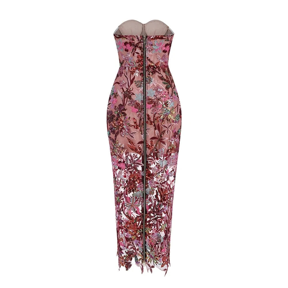 Women's Print One-Line Shoulder Sleeveless Slim Sexy Ankle-Length Dress Lace Embroidery Flowers Colorful Sequins Elegant Dress