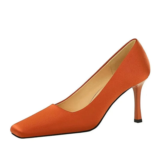 Women's Pumps 20023 Satin Shoes Square Toe Female Sweet Stiletto Ladies Heels