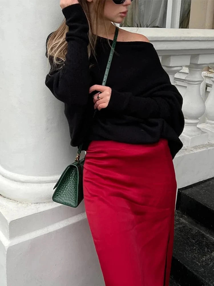 Women's Ribbed Knit Jumper Set Casual Bat Sleeve round Neck Simple Versatile Autumn Winter Knitwear 2024 New Headwear Included