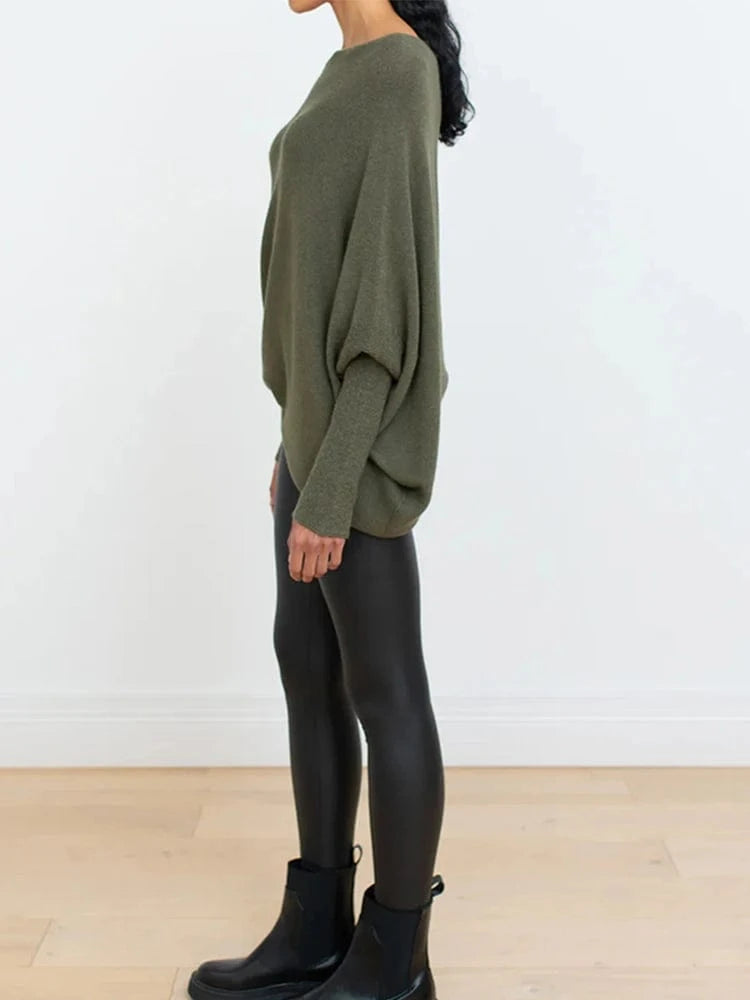 Women's Ribbed Knit Jumper Set Casual Bat Sleeve round Neck Simple Versatile Autumn Winter Knitwear 2024 New Headwear Included