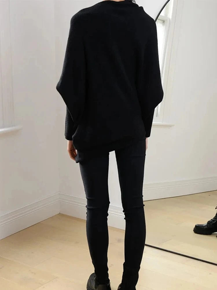 Women's Ribbed Knit Jumper Set Casual Bat Sleeve round Neck Simple Versatile Autumn Winter Knitwear 2024 New Headwear Included