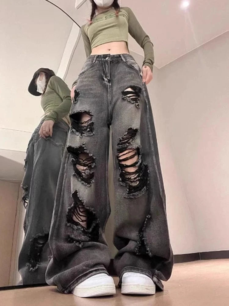 Women's Ripped Jeans Baggy Vintage Aesthetic Streetwear Cowboy Pants Harajuku Oversize Denim Trousers Y2k 2000s Trashy Clothes