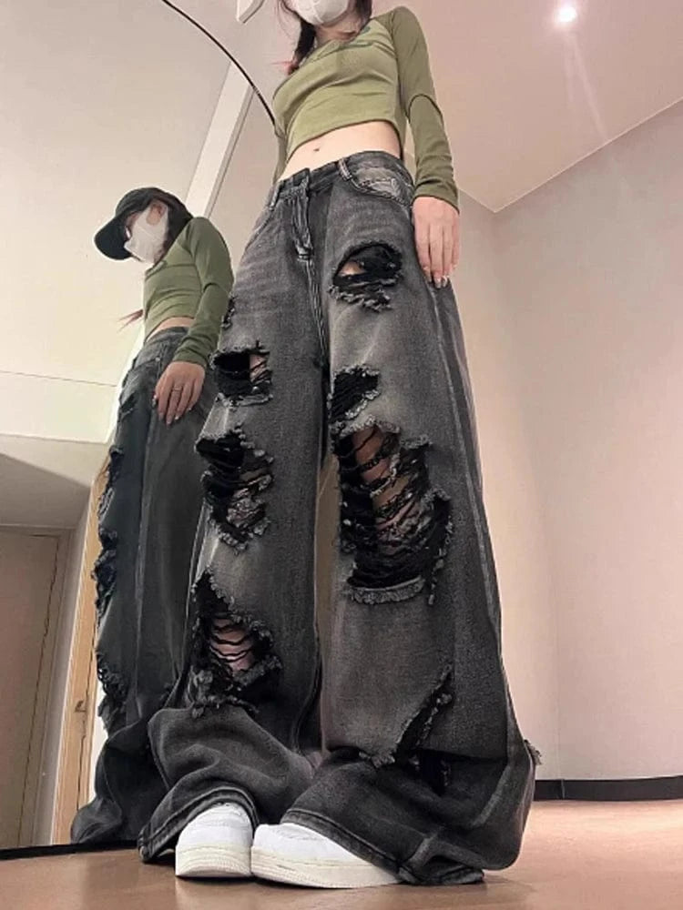 Women's Ripped Jeans Baggy Vintage Aesthetic Streetwear Cowboy Pants Harajuku Oversize Denim Trousers Y2k 2000s Trashy Clothes