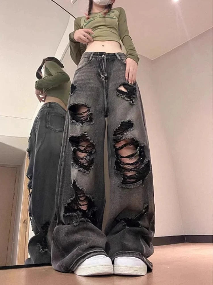 Women's Ripped Jeans Baggy Vintage Aesthetic Streetwear Cowboy Pants Harajuku Oversize Denim Trousers Y2k 2000s Trashy Clothes