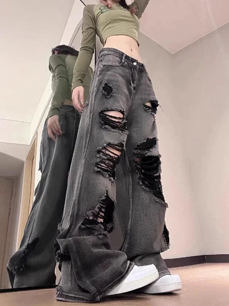 Women's Ripped Jeans Baggy Vintage Aesthetic Streetwear Cowboy Pants Harajuku Oversize Denim Trousers Y2k 2000s Trashy Clothes