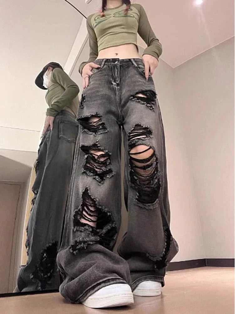 Women's Ripped Jeans Baggy Vintage Aesthetic Streetwear Cowboy Pants Harajuku Oversize Denim Trousers Y2k 2000s Trashy Clothes