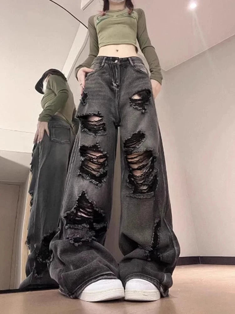 Women's Ripped Jeans Baggy Vintage Aesthetic Streetwear Cowboy Pants Harajuku Oversize Denim Trousers Y2k 2000s Trashy Clothes
