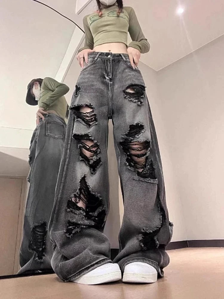 Women's Ripped Jeans Baggy Vintage Aesthetic Streetwear Cowboy Pants Harajuku Oversize Denim Trousers Y2k 2000s Trashy Clothes